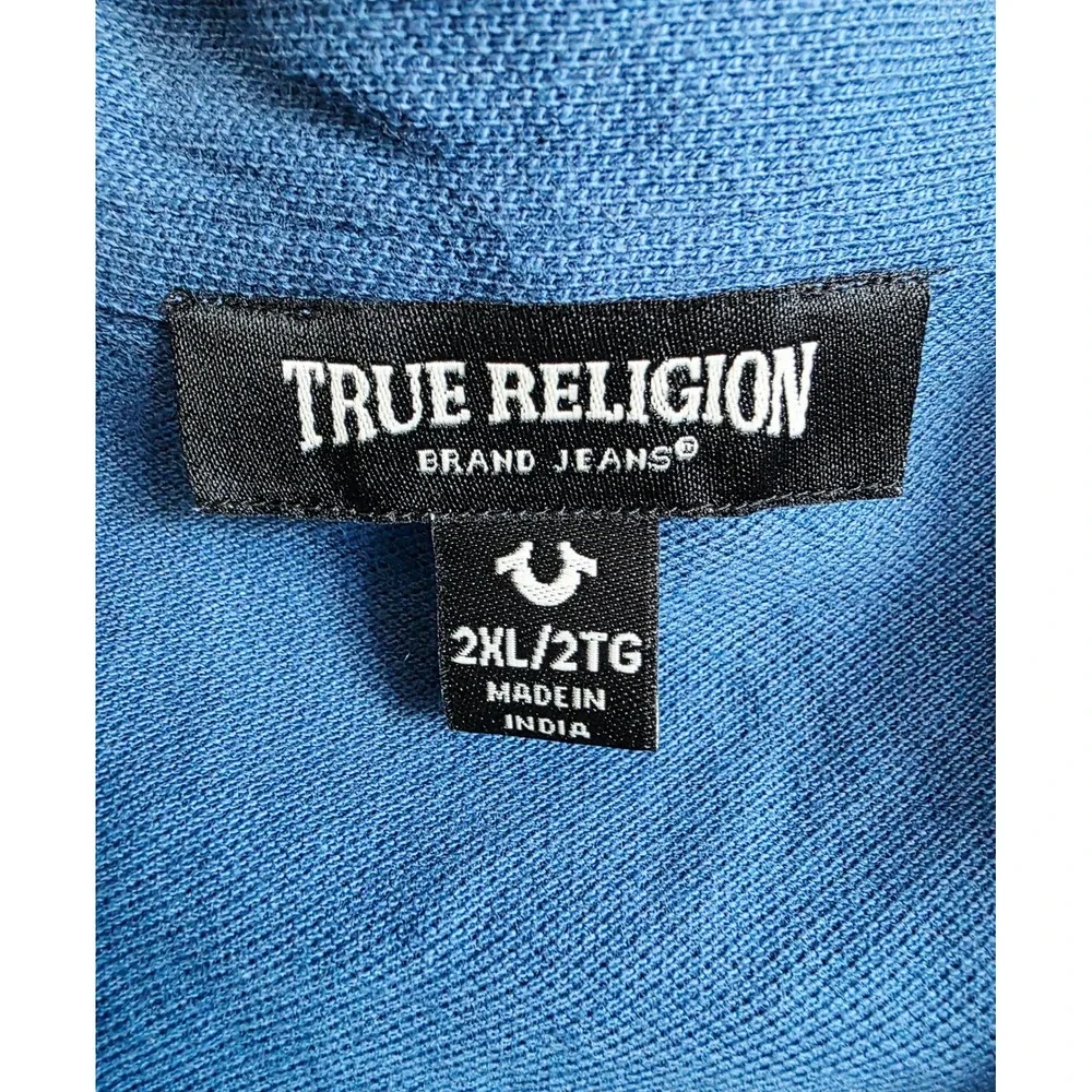 True Religion Mens 2XL Blue Buddha Guitar Graphic Short Sleeve Polo Shirt